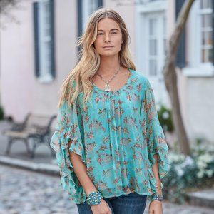 Sundance Wilde Aqua Chiffon Ruffle Loose Fit Boho Top Size Large